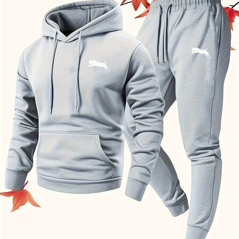 Fashion Versatile Warm 250gsm Hooded Sweatshirt + Pants Two-Piece Set for Men.