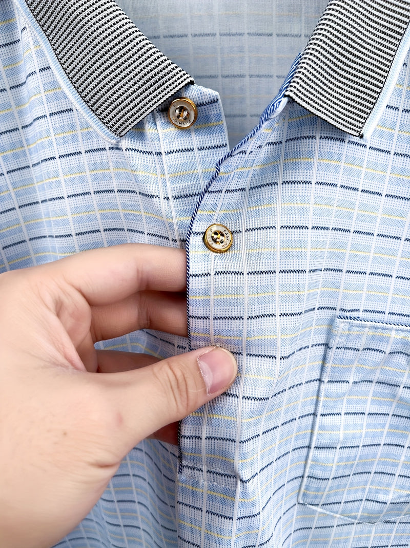 Men's Short-Sleeve T-Shirt Summer Lapel Plaid Ice Silky Fiber Fabric.