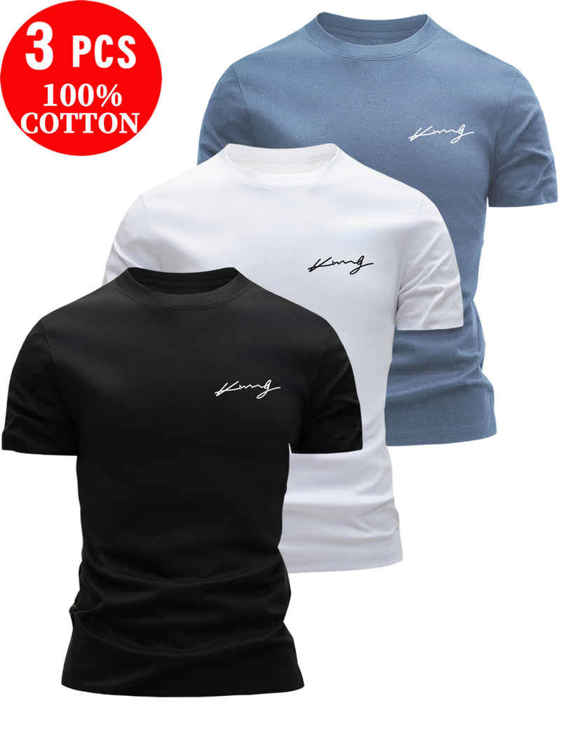3pcs Cotton T-Shirts, Men's Crew Neck Short Sleeve Tees.