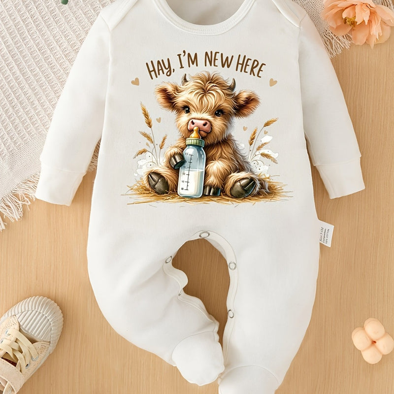 Hay I'M New Here Cartoon Pattern Print New Baby Footed Romper Four Seasons.