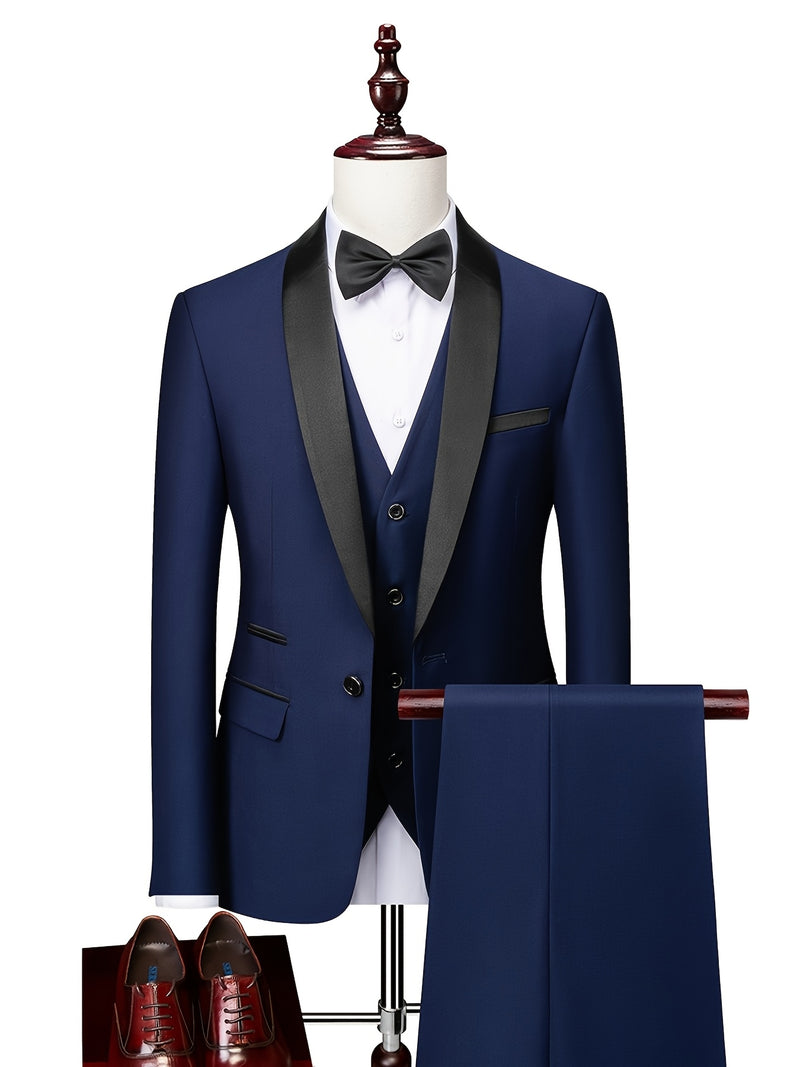 Men's 3pcs Suit with Notch Lapel, Business Formal Set, Includes Jacket.