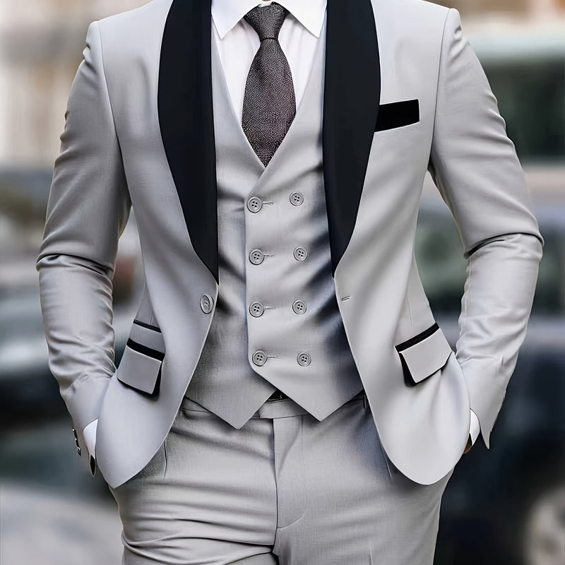 A Men's Three-Piece Suit Consisting of a Blazer, Vest, And Trousers.