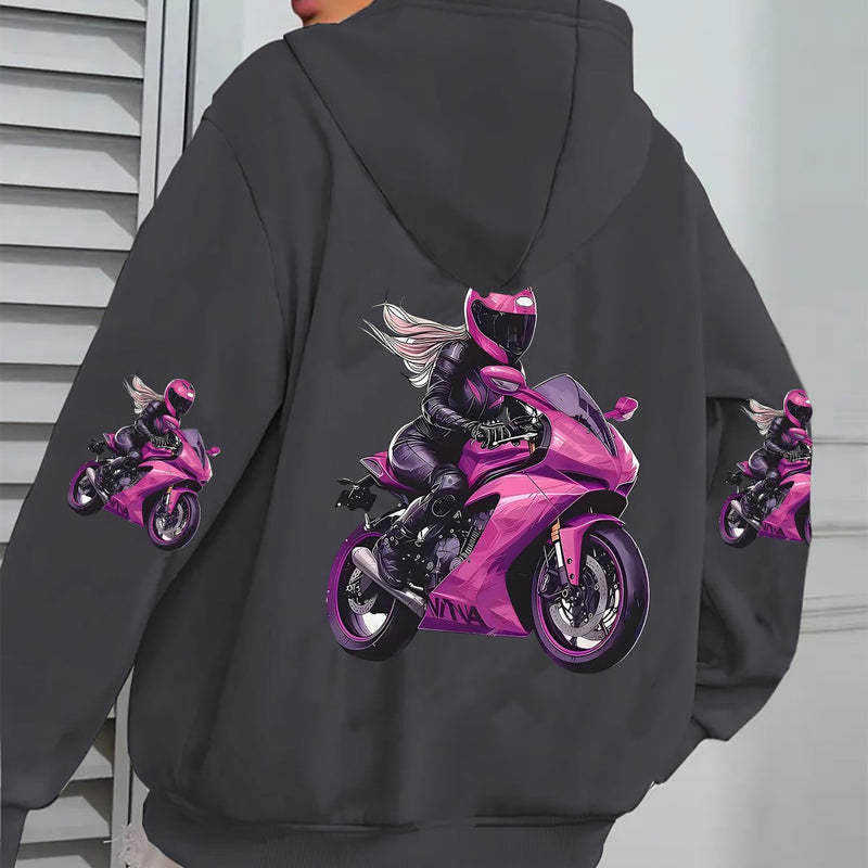 Ladies' Zipper Hoodie, Handsome Female Rider Cycling Pattern.