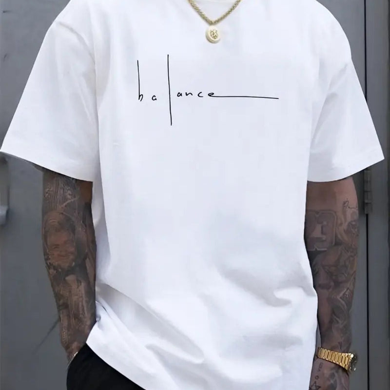 Men's Cotton T-Shirt with Balance Line Art & Minimalist Cursive Lettering.