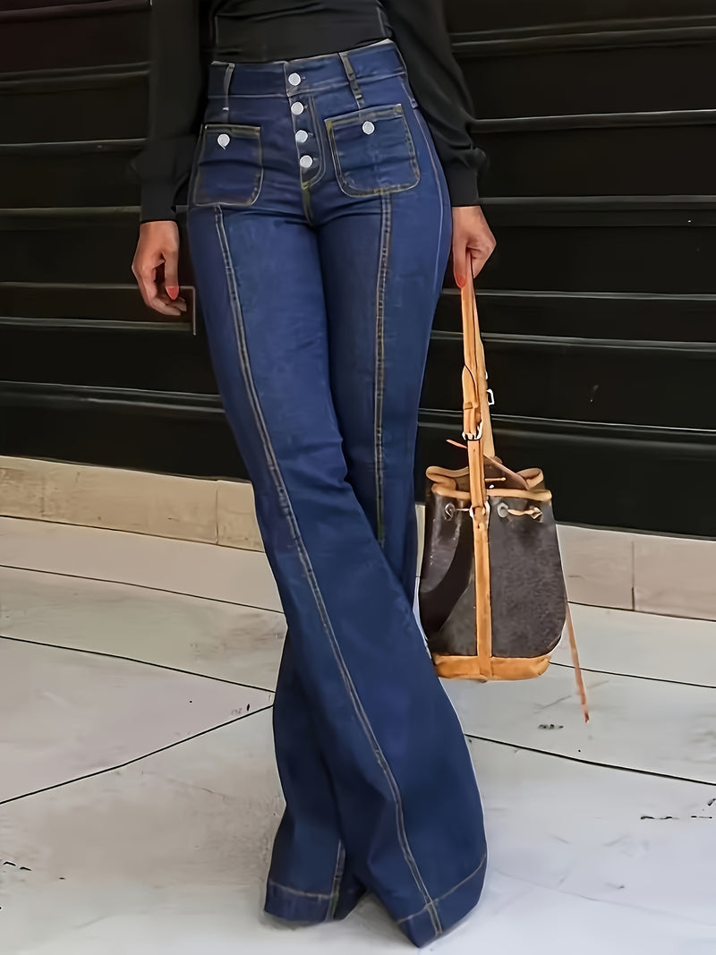 Women's Retro Row Button High Elastic Denim High Waist Slim Fit Flared Pants.