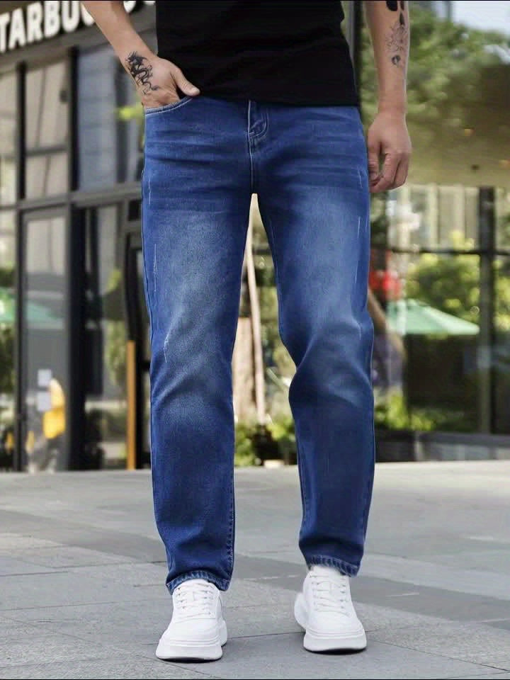 Men's Casual Washed Denim Jeans, Straight-leg pants.