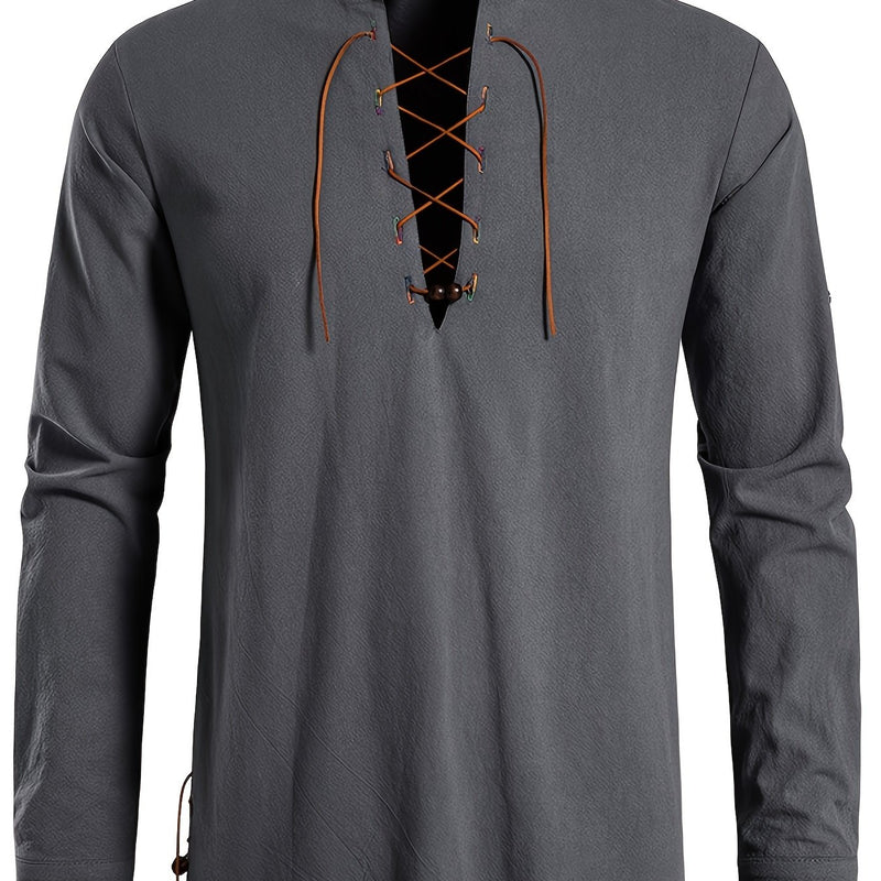 Men's Henley Shirt Long Sleeve Casual Beach Stand Collar Shirt.