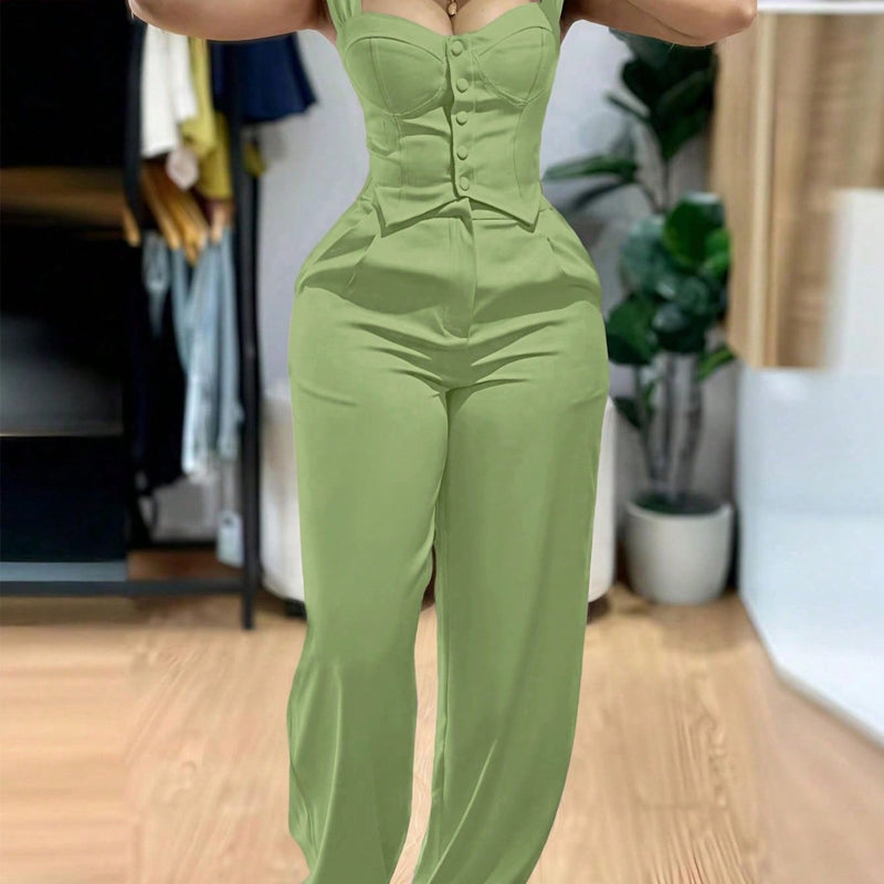 Women’s Elegant Two-Piece Set with Thick Straps And Buttoned Front.