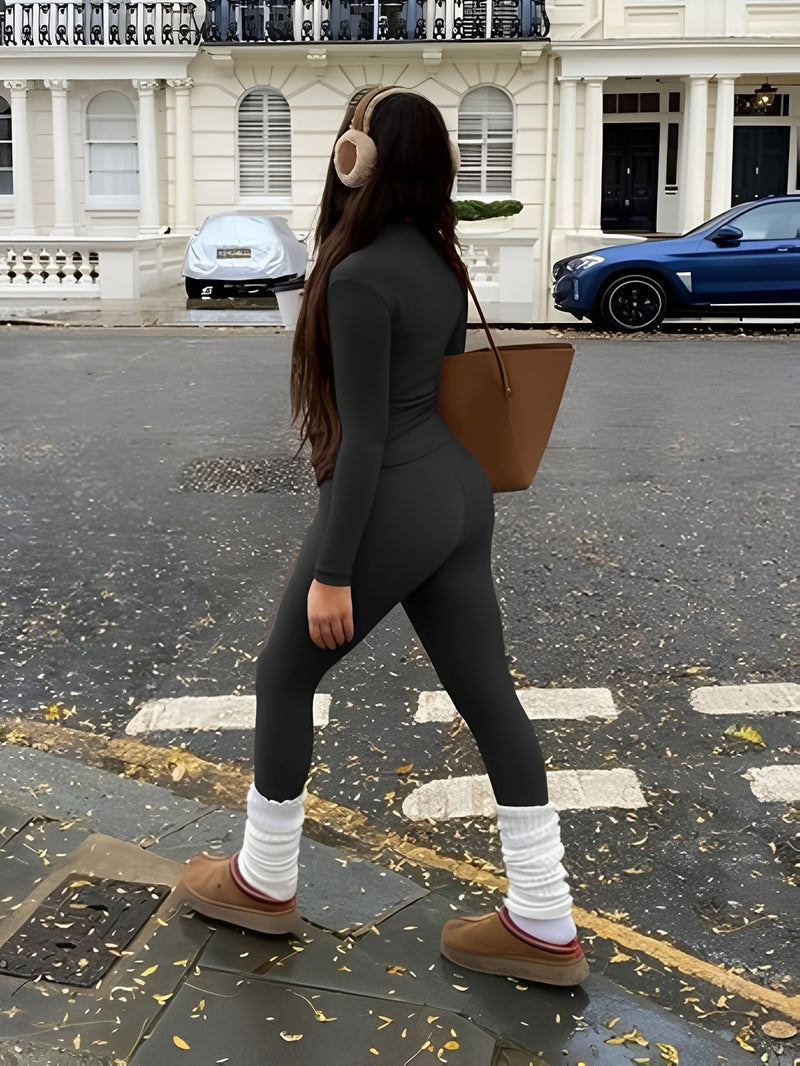 Women's Two-Piece Zippered Top Set, Ladies' Fashion Suit.