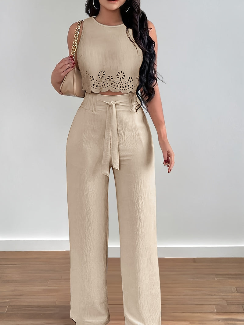 Women's Casual Pants 2pcs Set, Round Neck Sleeveless Floral Crop Top.
