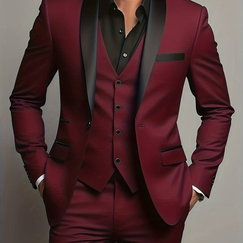 Men's 3pcs Wedding Suit Set - Slim Fit Business Suit Jacket + Single-Breasted Vest.