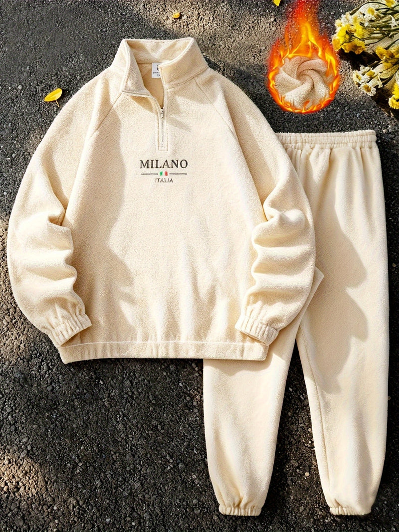 Men's Winter Set with Fleece-Lined Stand Collar Zip-Up Hoodie and Drawstring.