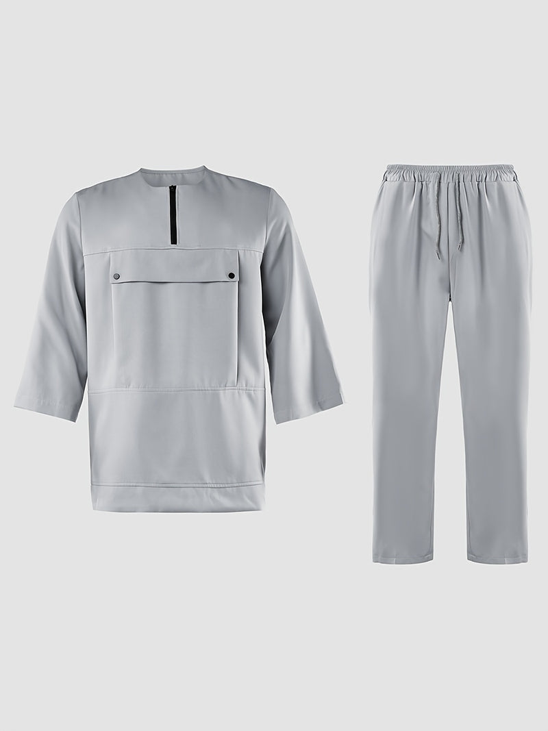 Men's Casual 2pcs Set, Round Neck, Short Sleeve, Zipper, Faux Pocket Design.