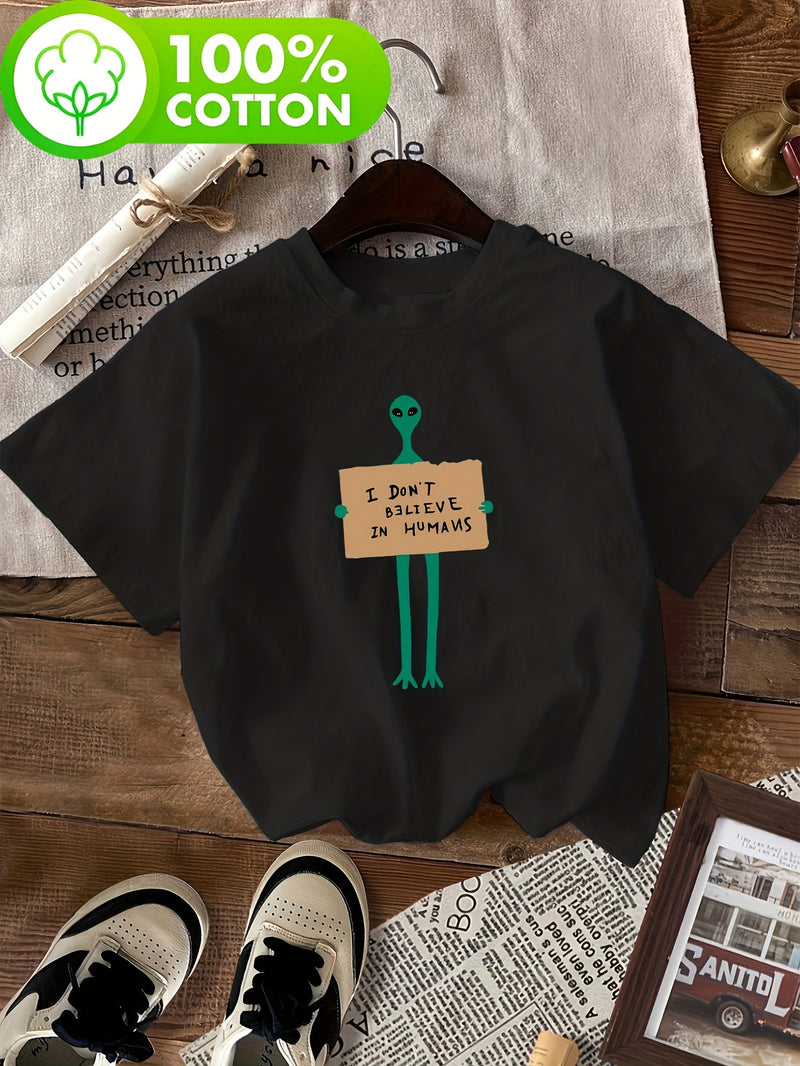 Women's Alien & "I Don't Believe in Humans" Slogan T-Shirt.