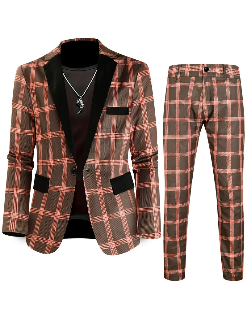 2pcs Men'S Casual Fashion Patchwork Plaid Suit | Non-Stretch Fabric.