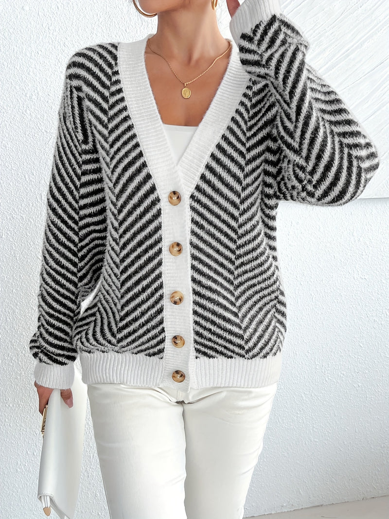 Women's Winter Blouse - Zebra Stripe Collar, V-Neck Button Front Design.