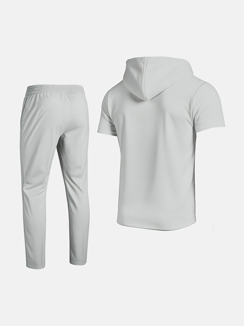 Men's set short sleeved hooded top with drawstring elastic waistband.