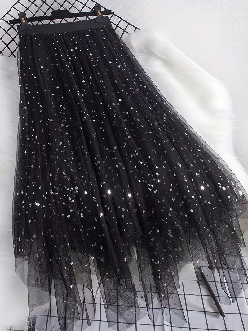 New Women's Sequin Mesh Midi Skirt, High-Waisted.