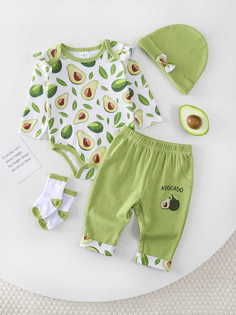 Baby Long-Sleeved Triangle Romper Pants Hat Socks Set.