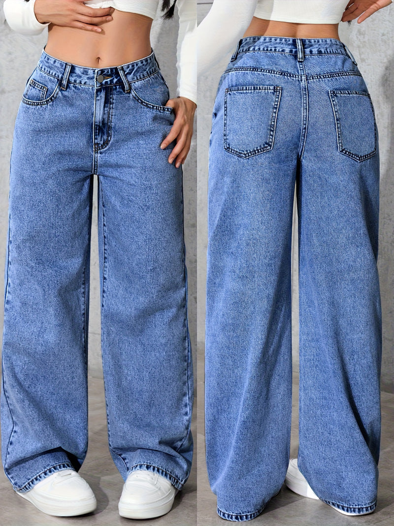 Women's High-Waisted Simple Versatile Distressed Wide Leg Jeans.