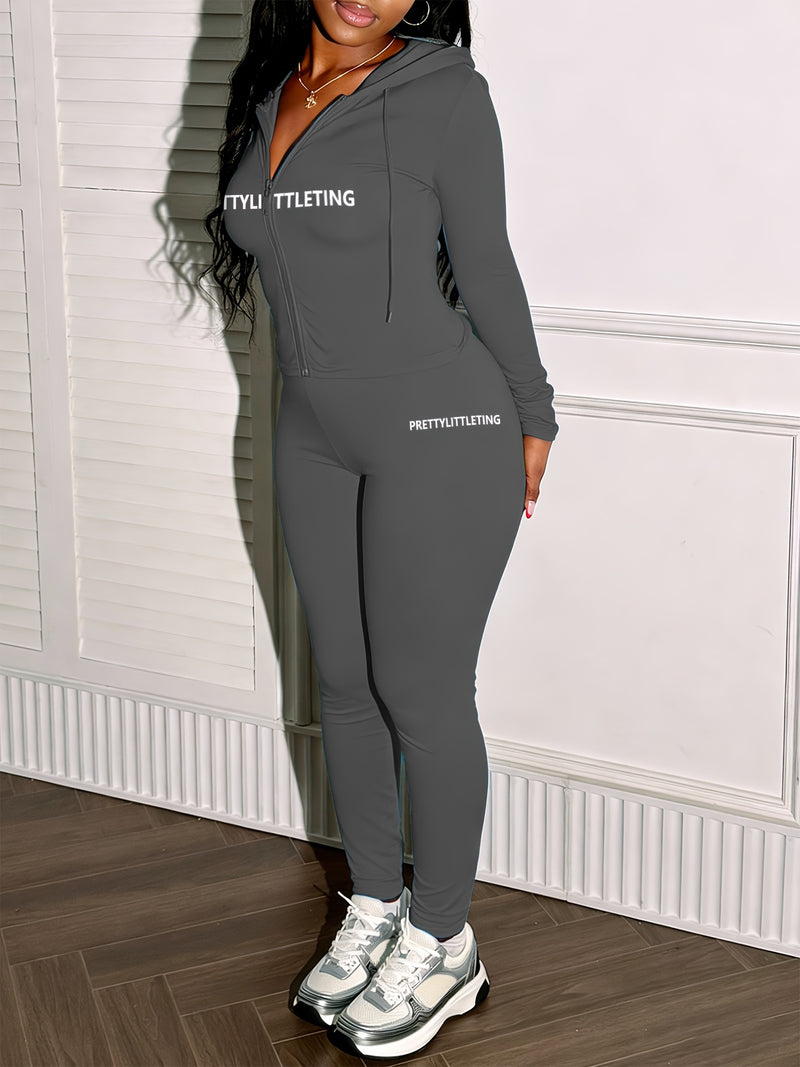 Women's Casual Stylish Zip-Up Hoodie with Long Sleeves And Letter Print.