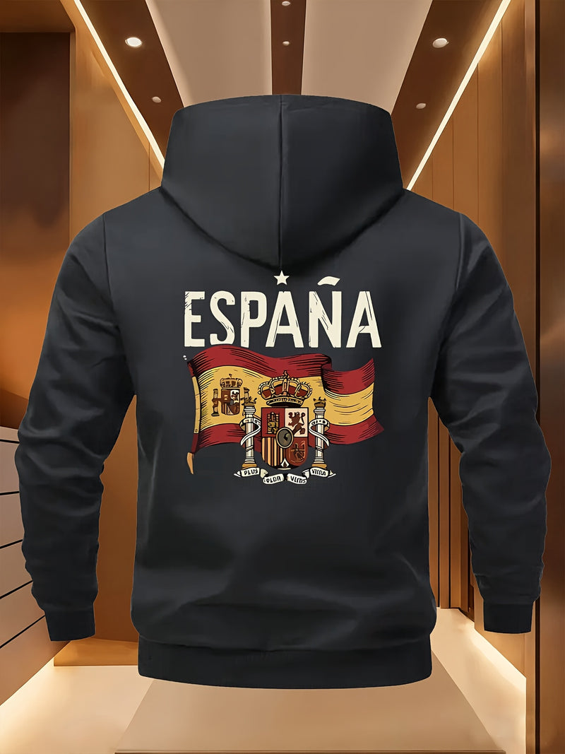 Men's Spanish Flag & Spain Lettering Print Hooded Jacket.