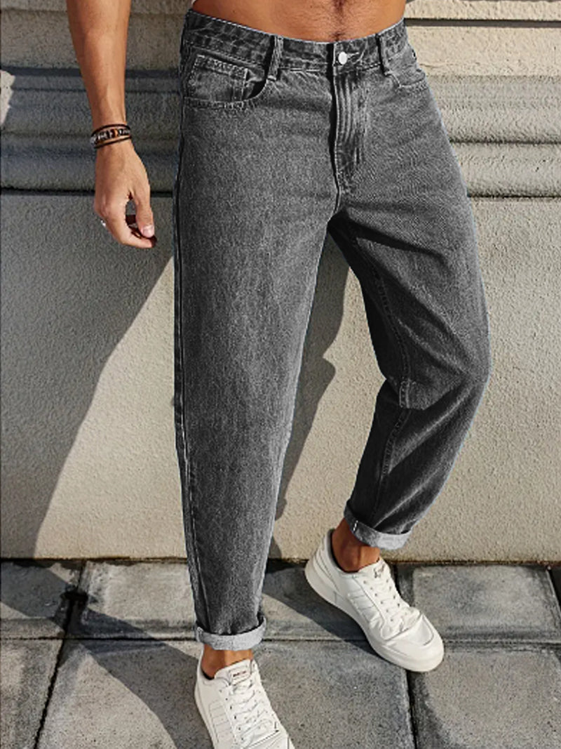 Men's Casual Stretchy Cropped Salt-Washed Denim Pants.
