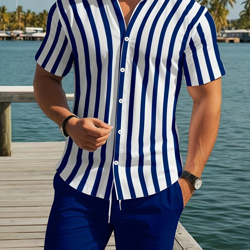 Men's Fashion 2pcs Set Blue and White Vertical Striped Button.