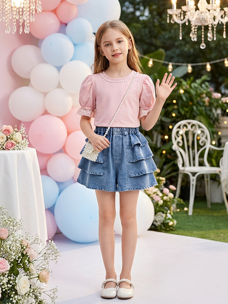 Girls' Summer Fashion Versatile Ruffle-trim Denim Shorts, Comfortable Lightweight.