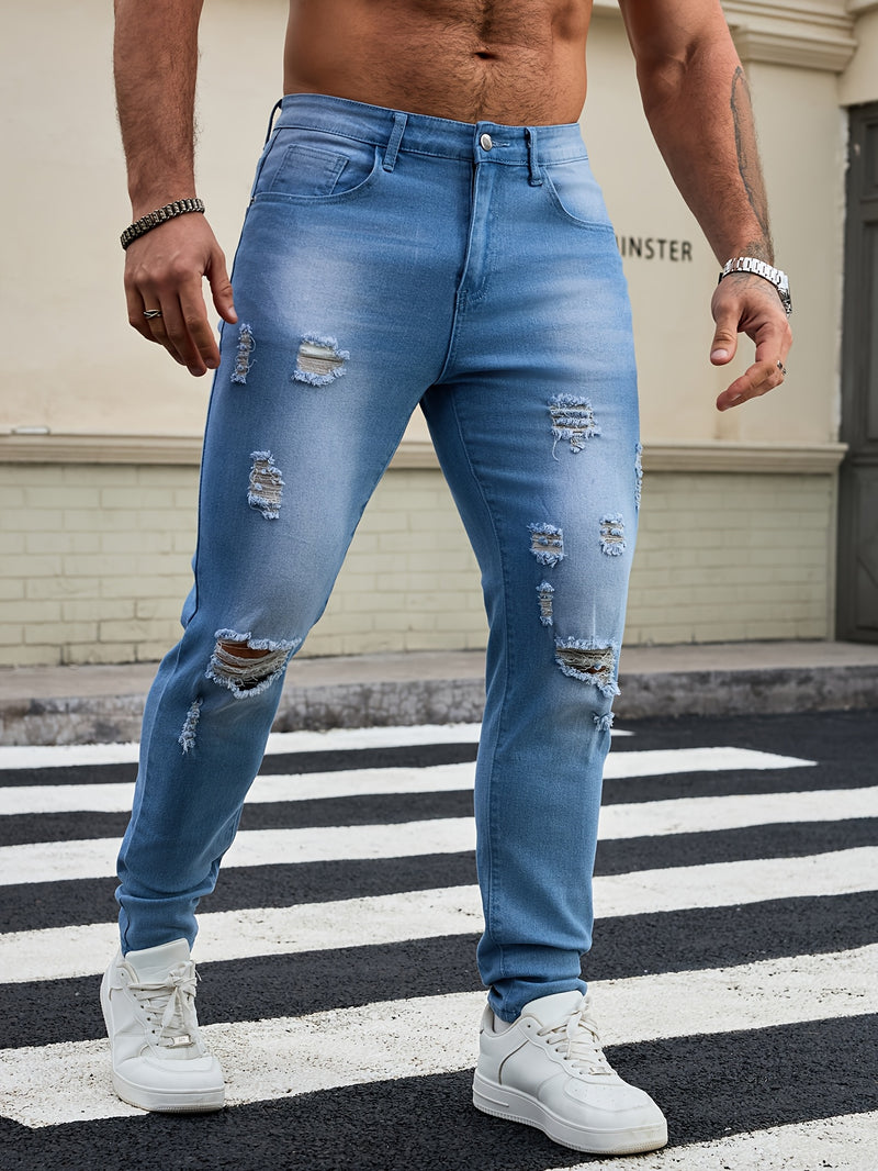 Men's Skinny Ripped Jeans Medium Stretch, Solid Color, All-Season Fit.