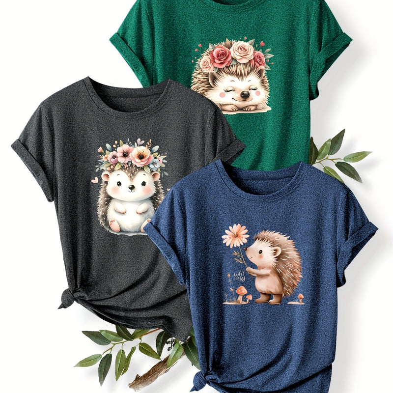 3pcs Women's Cute Hedgehog Graphic T-Shirts.