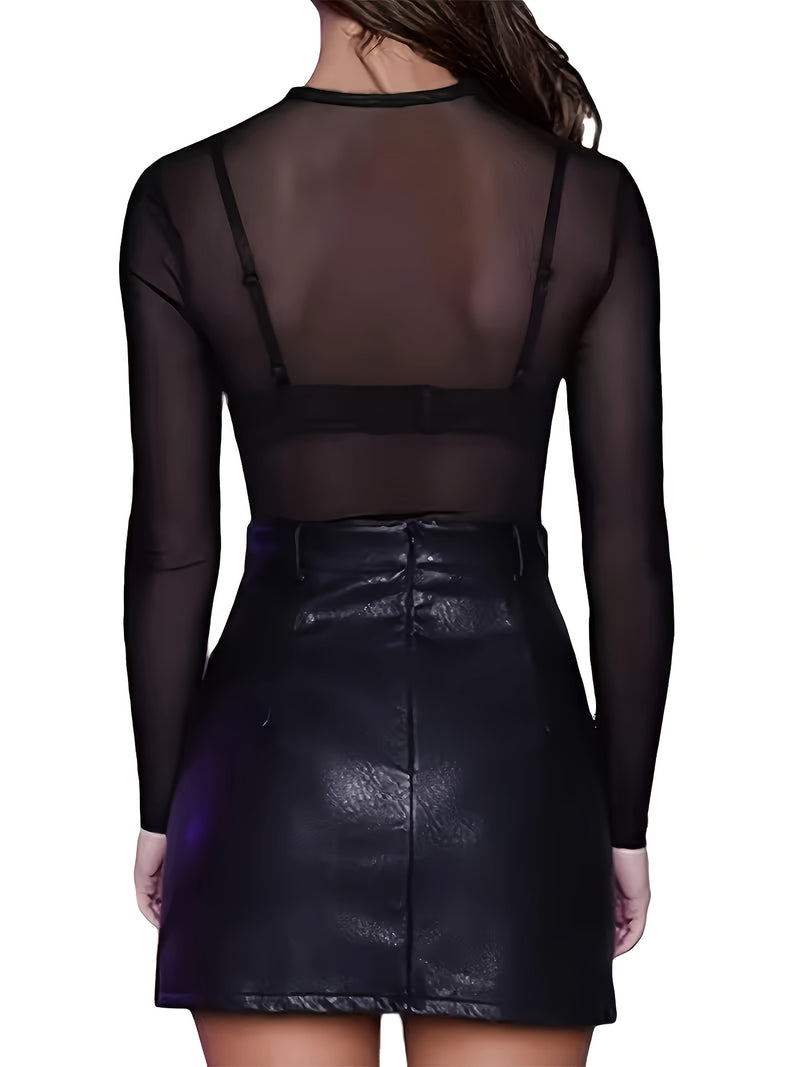 Women's Mesh Solid Color Sheer Sexy Stretchy Bodycon Thin Long-Sleeve Top.