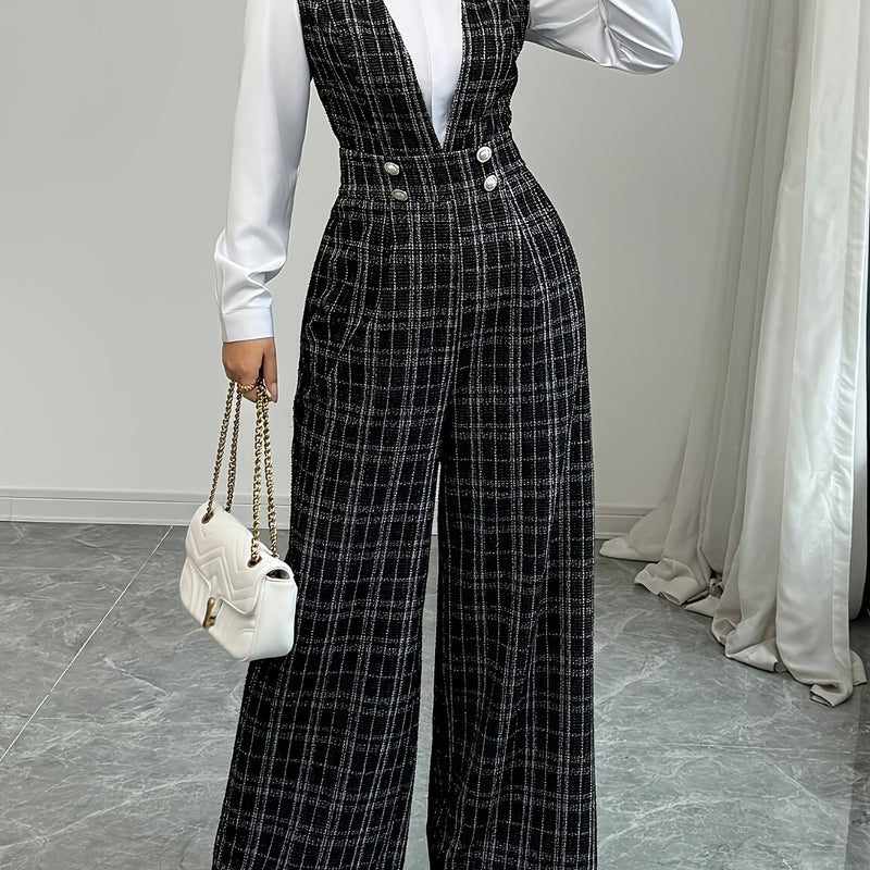 Women's Pearl Button Decorated Pocket Wide Leg Jumpsuit.