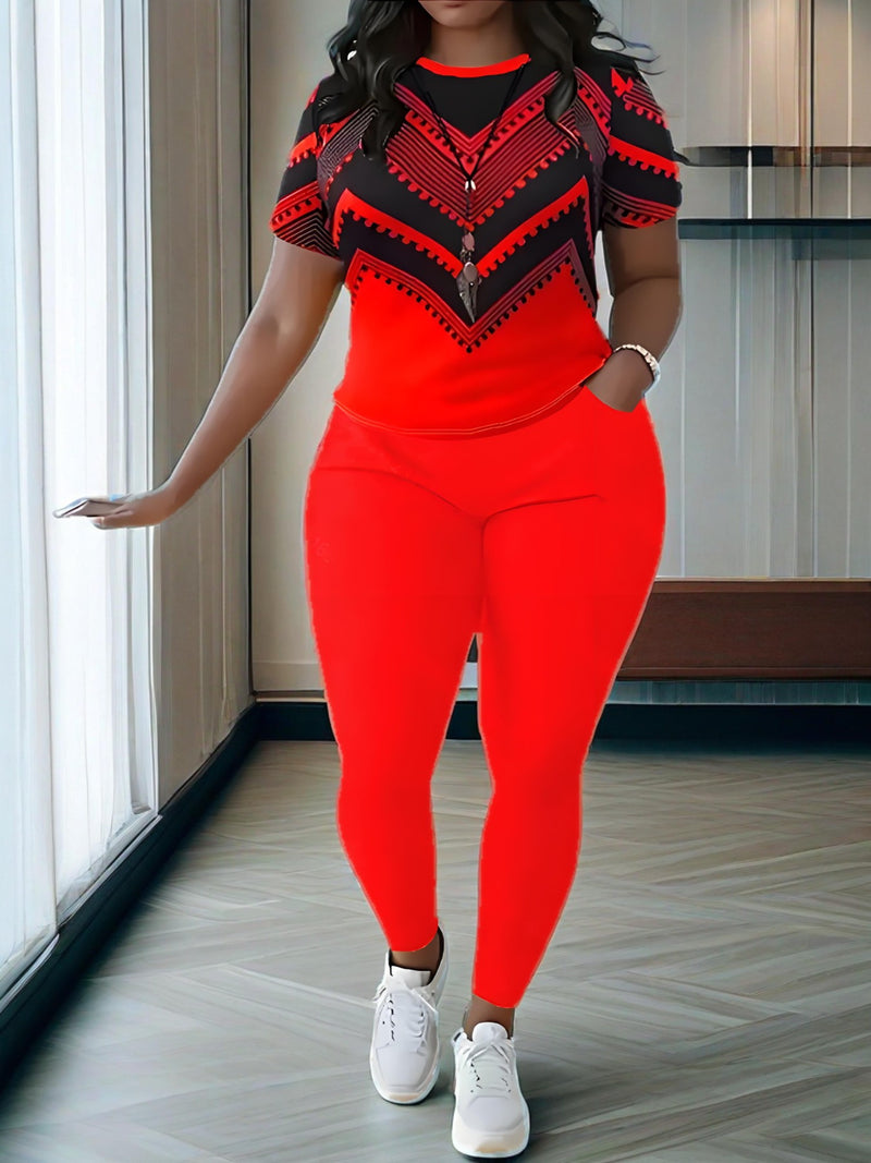 Women's Short-Sleeve Round-Neck Top And Long Pants.