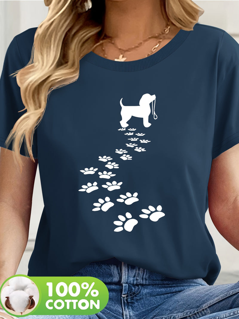 Women's Casual Short Sleeve T-Shirt with Dog Silhouette & Paw Print Graphic.