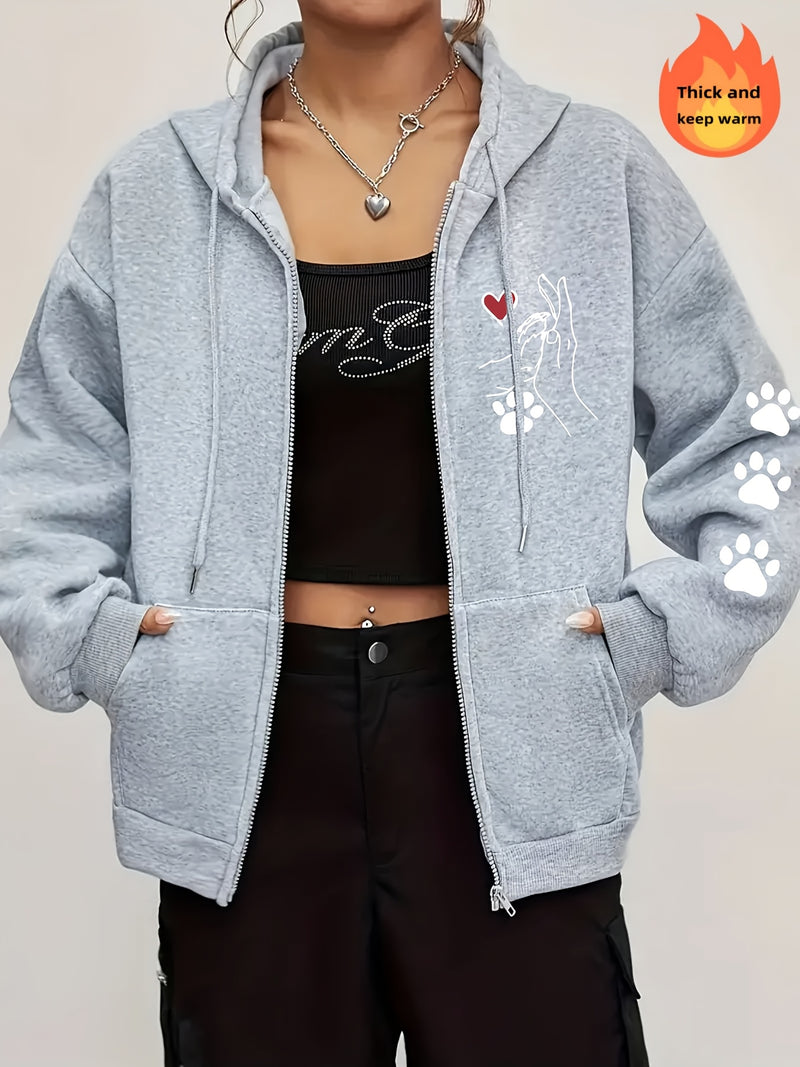 Women's Casual Zip-Up Hoodie with Printed Bear Paw Sleeve Design.