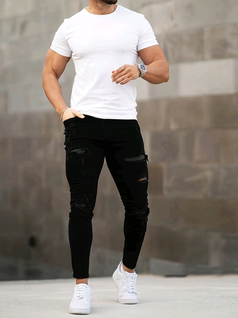 Men's Classic Ripped Patchwork Stretchy Slim-Fit Jeans.