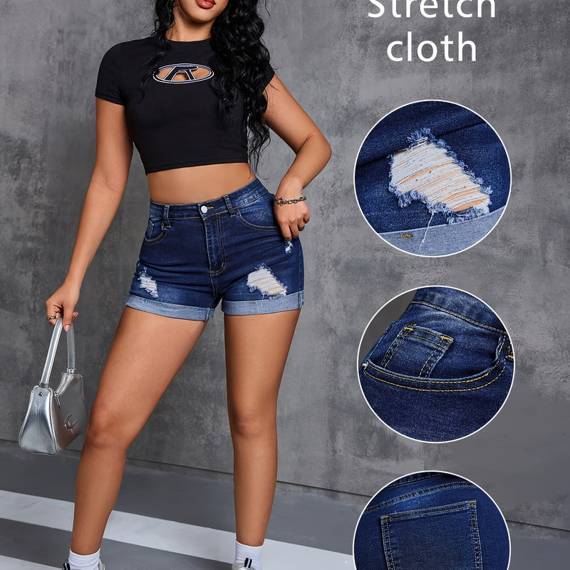 Women's Pocketed Fitted Casual Ripped Shorts.