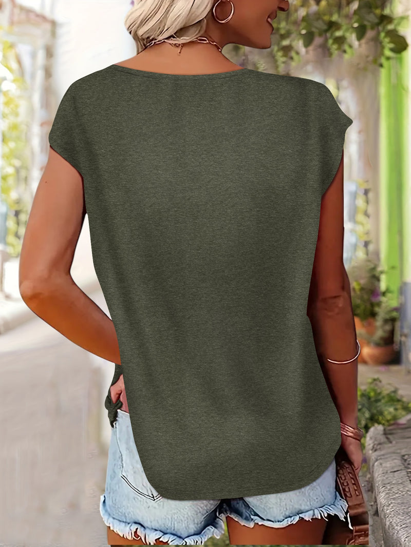 Women’s Comfortable V-Neck Short-Sleeve T-Shirt Features a Print.