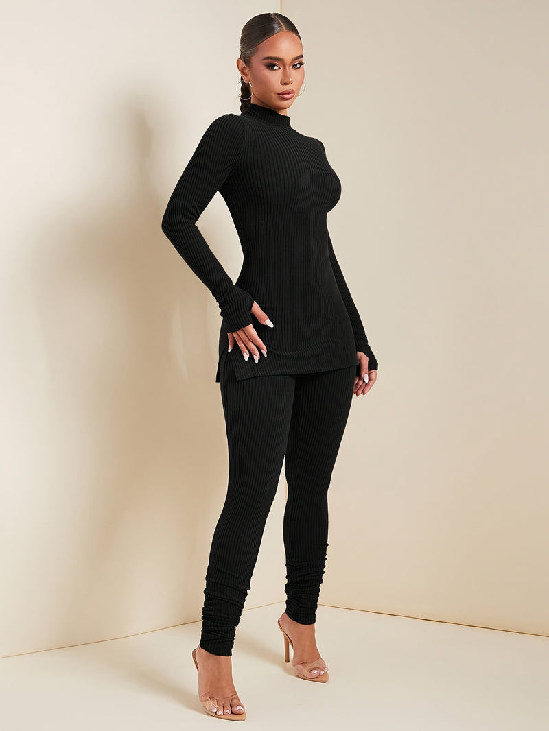 Women’s Fashion Casual Solid Color Stand Collar Long Sleeve and Pants Set.