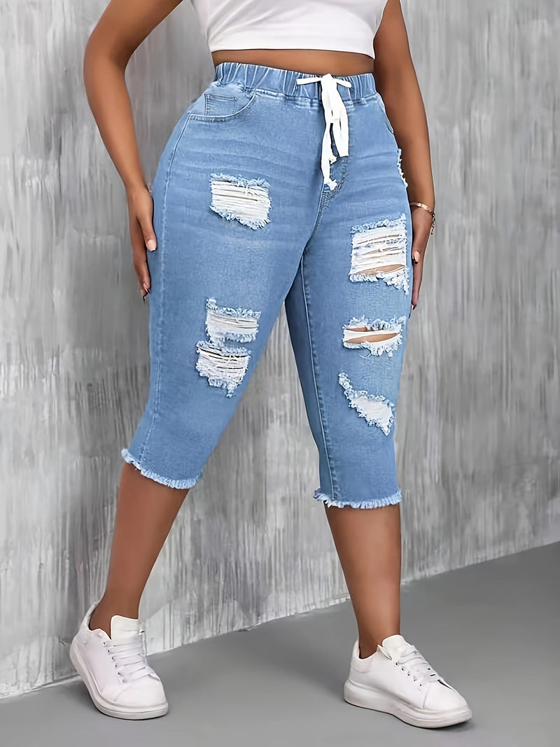 Women's Stretchy Elastic Waist Ripped Denim Shorts.