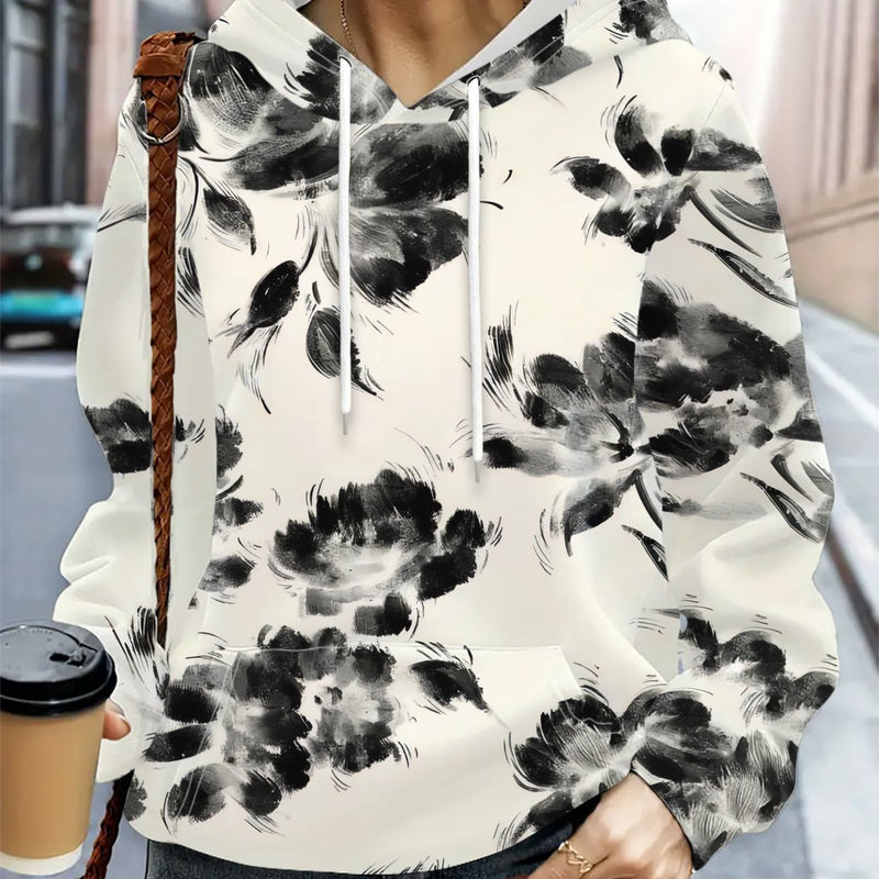 Women's Casual Hoodie with Black And White Floral Ink Wash Print .
