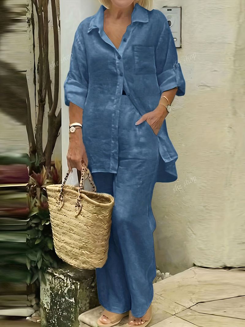Women’s Casual Collar Cardigan and Wide-Leg Pants Set.