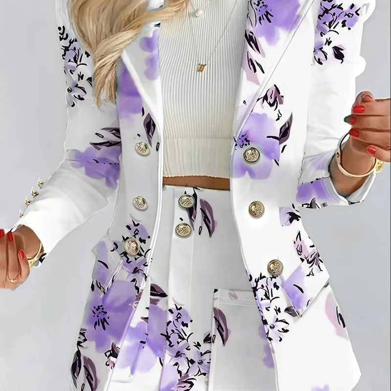 Women's Elegant Floral Print Blazer & Skirt Set.