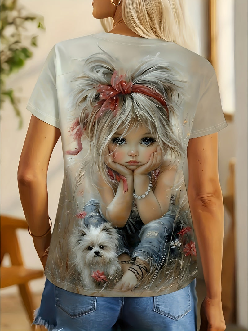 Women's Summer Short-Sleeve T-Shirt with Cute Portrait Print.