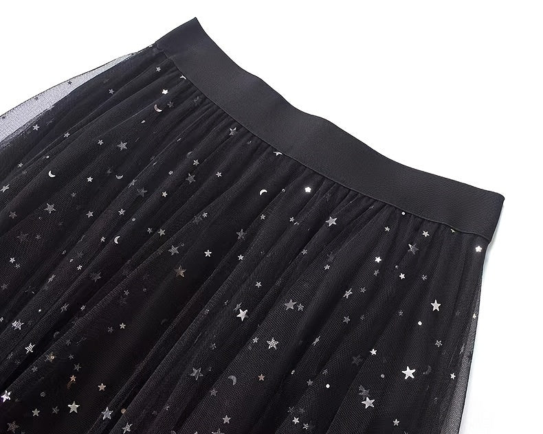 New Women's Sequin Mesh Midi Skirt, High-Waisted.
