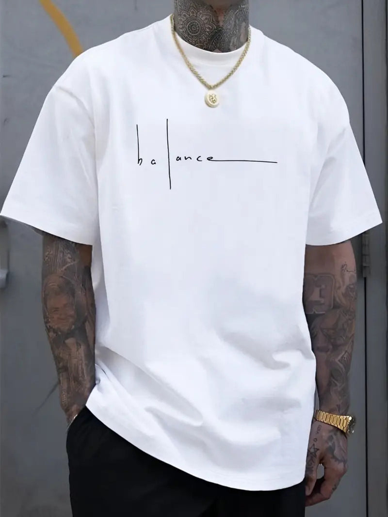 Men's Cotton T-Shirt with Balance Line Art & Minimalist Cursive Lettering.