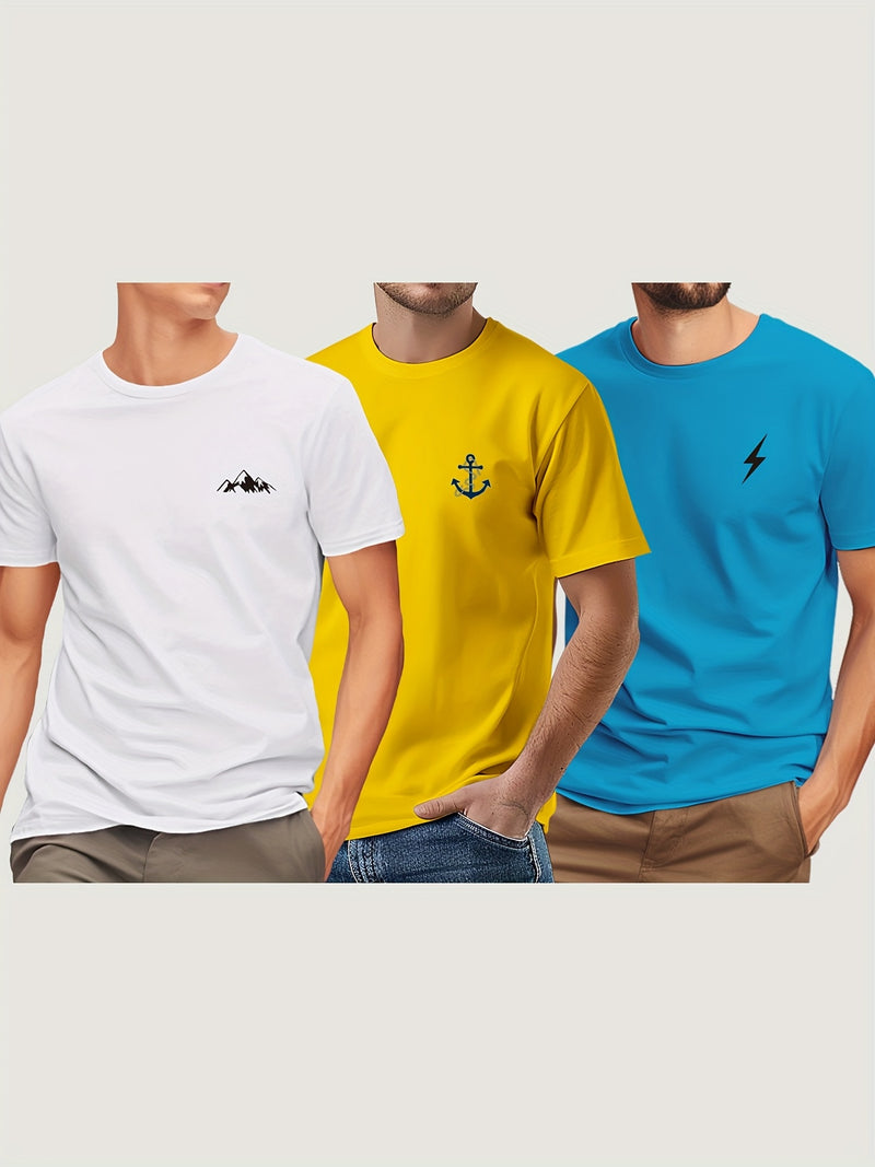 3pcs Men'S Short Sleeve Print T-Shirt.