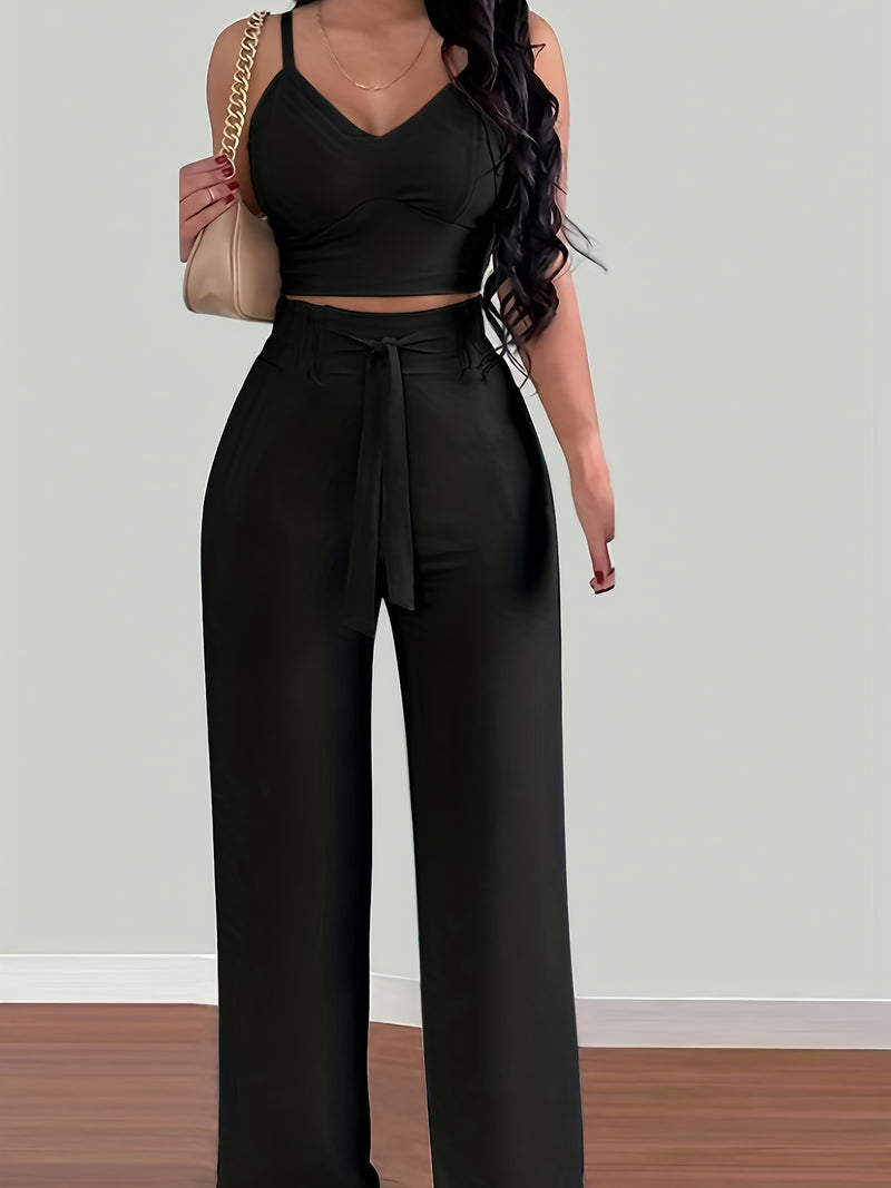 2-piece Women's Set with Thin Strap Stretch Camisole and Wide-leg Pants.