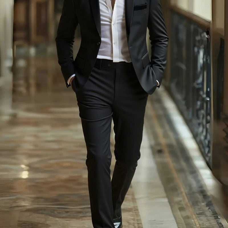 2pcs Men's Slim-Fit Black Suit Set.